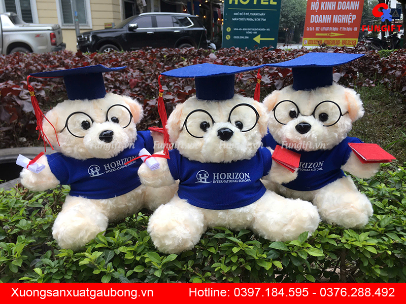 Gấu bông tốt nghiệp mặc áo cử nhân, đội mũ, gắn bằng