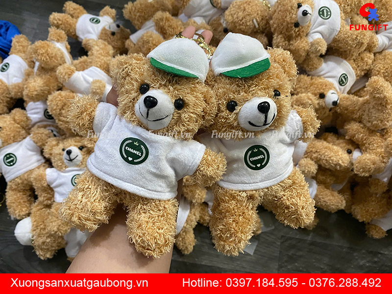 Móc khóa gấu bông đội mũ in logo