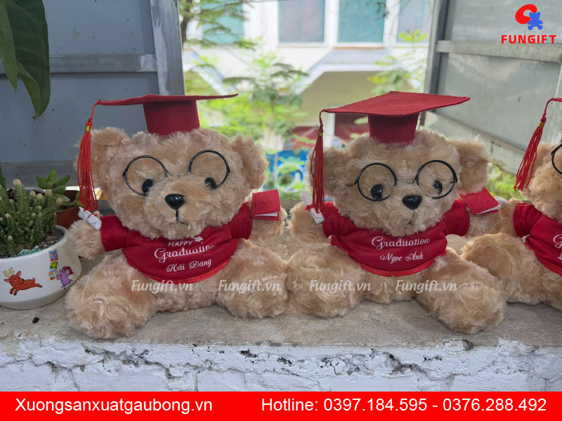 Gấu bông tốt nghiệp mặc áo, đội mũ cử nhân, tay đeo bằng