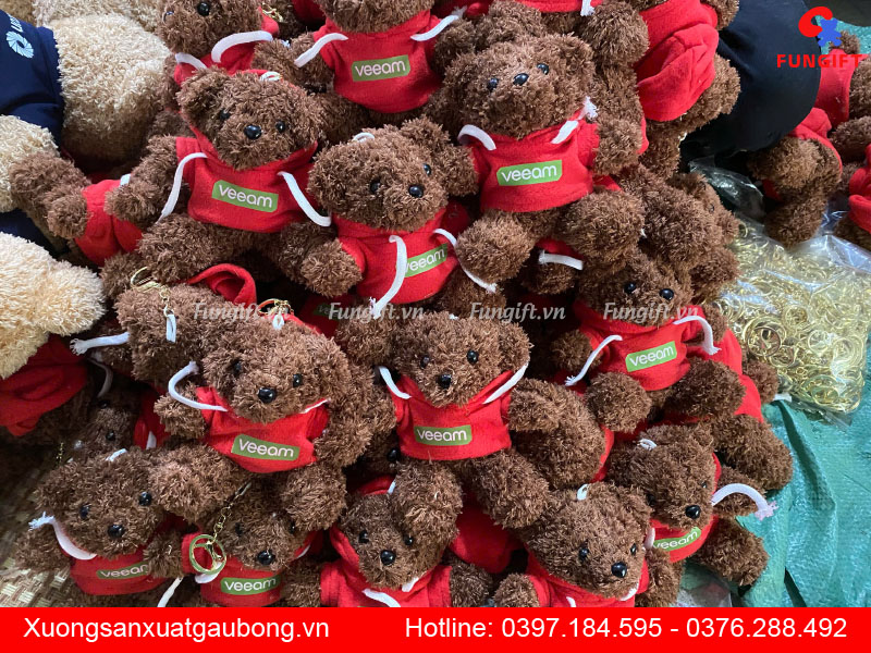 Móc khoá gấu bông teddy màu nâu in logo làm quà tặng