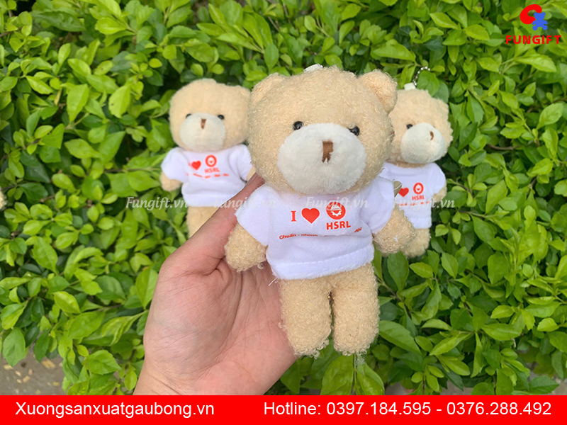 Móc khoá gấu bông teddy quà tặng áo trắng in logo