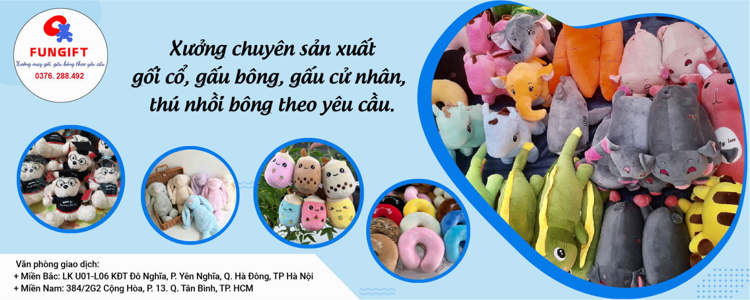 Banner xưởng sản xuất gối cổ, gấu bông theo yêu cầu