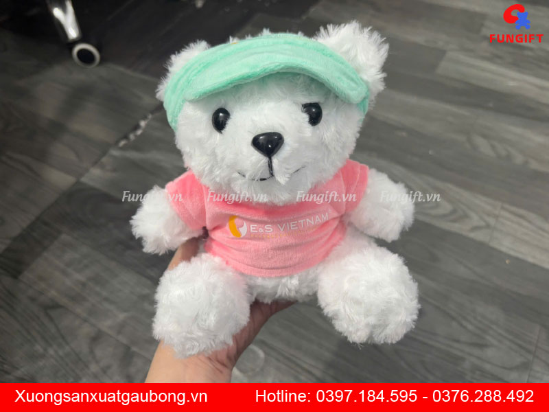 Gấu bông mặc áo đội nón nửa đầu in logo làm quà tặng